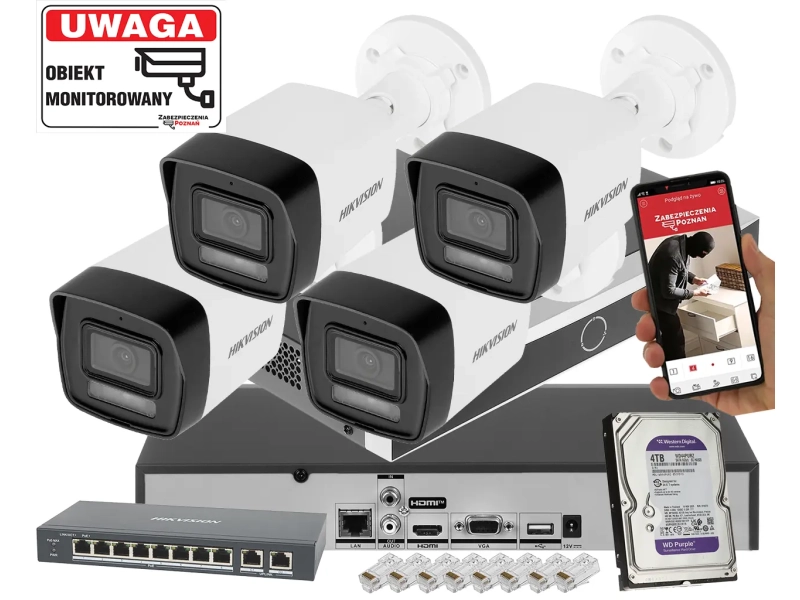 Zestaw monitoringu IP Hikvision 4x DS-2CD1063G2-LIU 6Mpx IR/LED i detekcja AI Długi czas zapisu