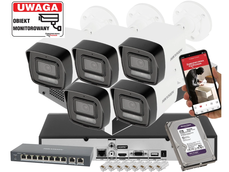 Zestaw monitoringu IP Hikvision 5x DS-2CD1043G2-LIU 4Mpx Nowy Model ze światłem hybrydowym i detekcja 2.0