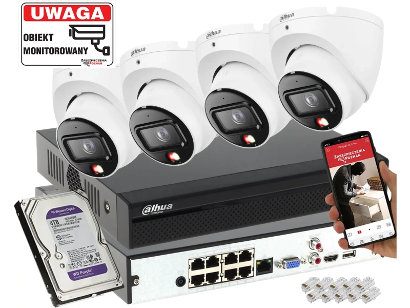 System monitoringu 4 kamery 8MPx Dahua IPC-HDW1839T-A-IL-0280B-S6 SMD człowiek + Smart Dual Light + Full-Color + 4TB