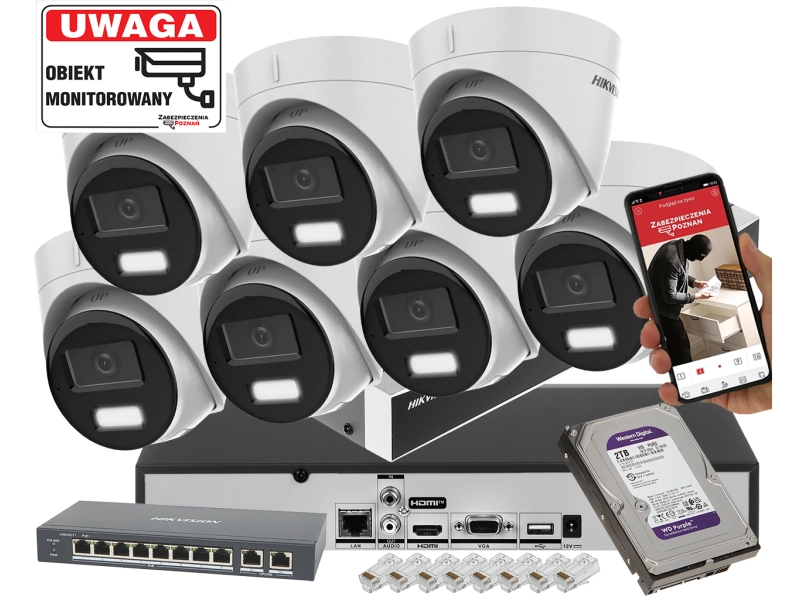 Zestaw monitoringu na 7 kamer IP HIKVISION DS-2CD1361G2-LIU 6MPx z rejestratorem DS-7608NXI-K1 Acusense POE 2TB