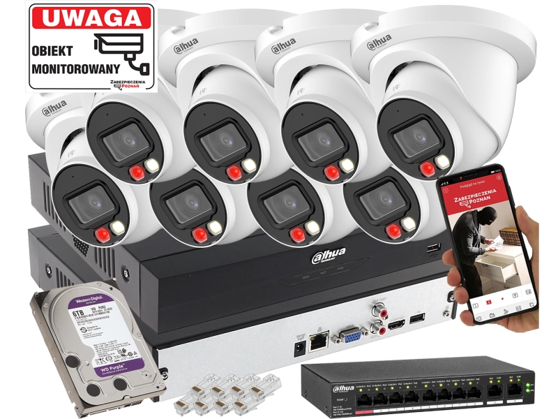 Profesjonalny zestaw do monitoringu firmy IP Dahua 8x IPC-HDW2849TM-S-IL-0280B 8MPx Wykrywanie dźwięku, Podwójny oświetlacz, Analityka
