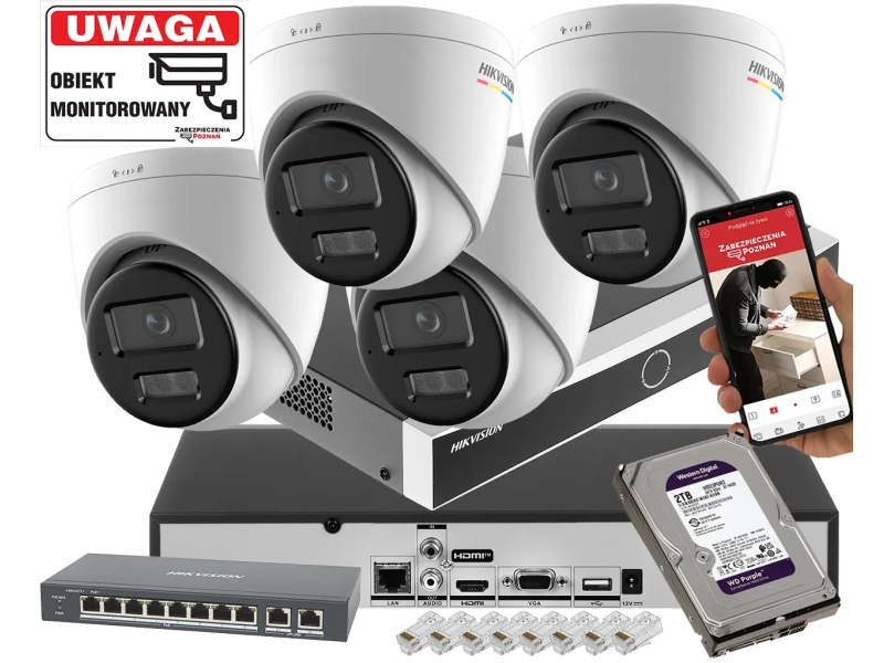 Zestaw kamer kopułowych IP Hikvision 4x DS-2CD1347G2H-LIU 4Mpx ColorVu, Smart Hybrid Light, Detekcja MD 2.0 Dysk 2TB