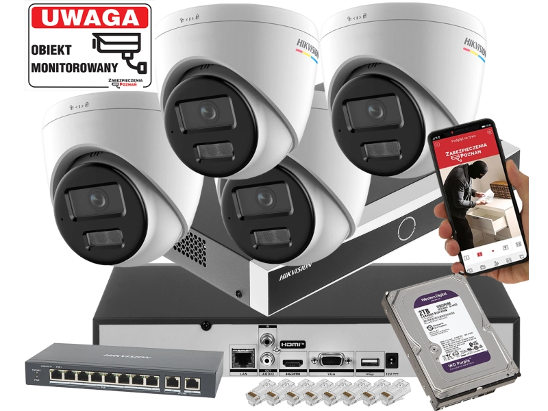 Zestaw kamer kopułowych IP Hikvision 4x DS-2CD1367G3-LIUF/SL 6Mpx ColorVu, Smart Hybrid Light, Detekcja ruchu MD 3.0, Aktywne Odstraszanie PoE