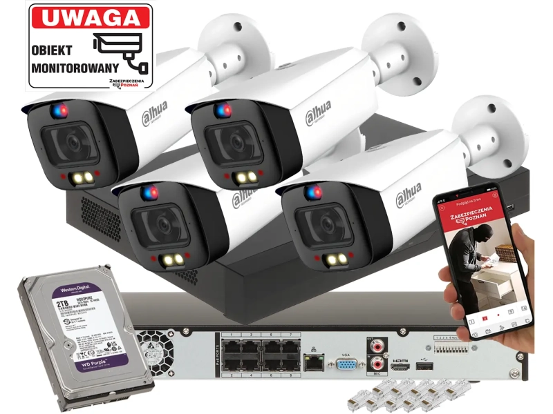 Zestaw monitoringu TIOC DAHUA 4 kamery IPC-HFW3549T1-AS-PV-0280B-S5 5Mpx Aktywne odstraszanie Full-Color Analityka SMD+ 2TB