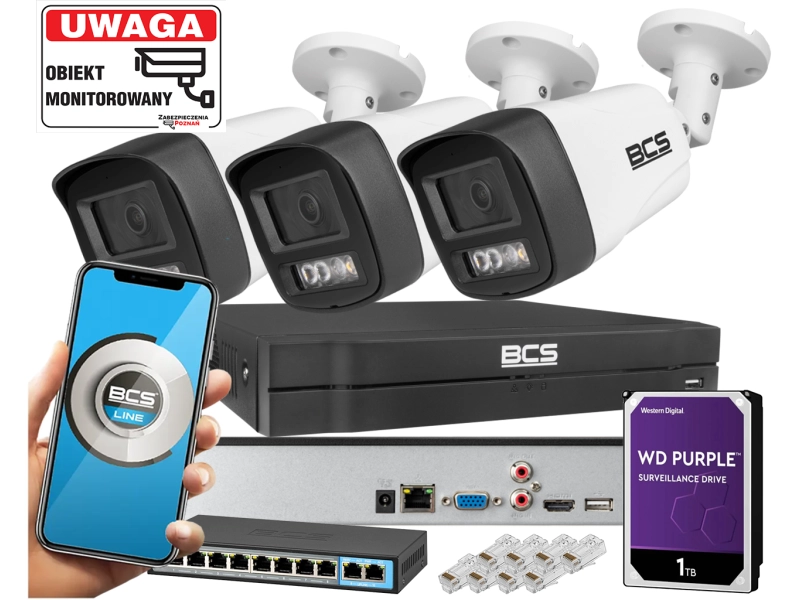 Zestaw monitoringu domu 3x Kamera BCS-L-TIP14FSR3L3 4MPx Dualny oświetlacz LED + IR Skylight,  Aplikacja Mikrofon PoE