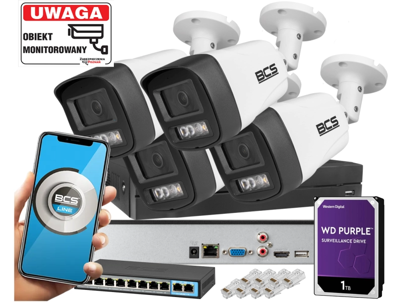 Mocny zestaw 4 kamer IP BCS-L-TIP14FSR3L3 4MPx Dualny oświetlacz LED + IR Skylight,  Aplikacja Mikrofon PoE