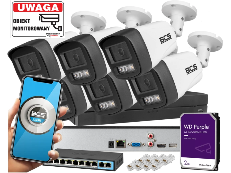 Monitoring do domu 6 kamer IP BCS-L-TIP14FSR3L3 4MPx Dualny oświetlacz LED + IR Skylight,  Aplikacja Mikrofon PoE