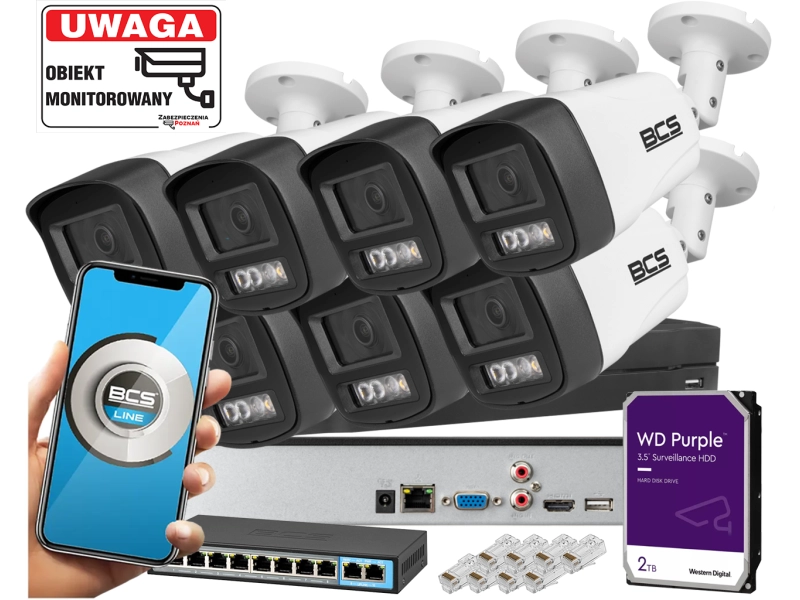 Zestaw monitoringu posesji 7 kamer IP BCS-L-TIP14FSR3L3 4MPx Dualny oświetlacz LED + IR Skylight,  Aplikacja Mikrofon PoE