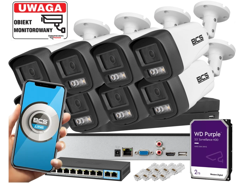 Zestaw monitoringu IP domu BCS 8 IP BCS-L-TIP14FSR3L3 4MPx Dualny oświetlacz LED + IR Skylight,  Aplikacja Mikrofon PoE