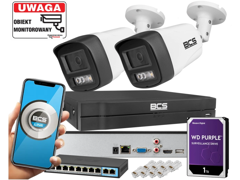 Zestaw monitoringu podwórka 2x Kamera BCS-L-TIP14FSR3L3 4MPx Dualny oświetlacz LED + IR Skylight,  Aplikacja Mikrofon PoE