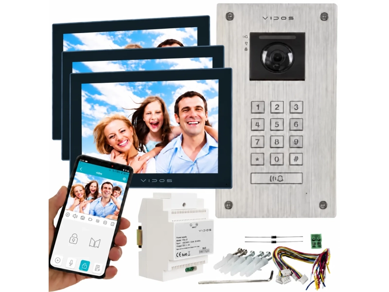 Wideodomofon 2 żyłowy Vidos 2IP na 3 monitory M205B-X + S204 Android Podczerwień MicroSD